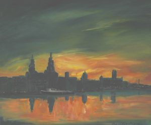 oil painting by artist roy munday of sunrise, liverpool waterfront, river mersey