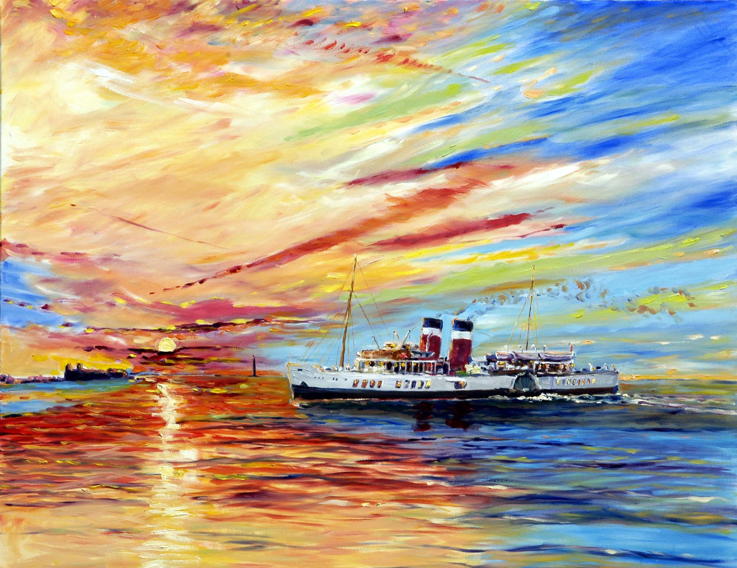 painting by roy munday, artist, of the steamship waverley entering the river mersey, liverpool, against a dramatic sunset