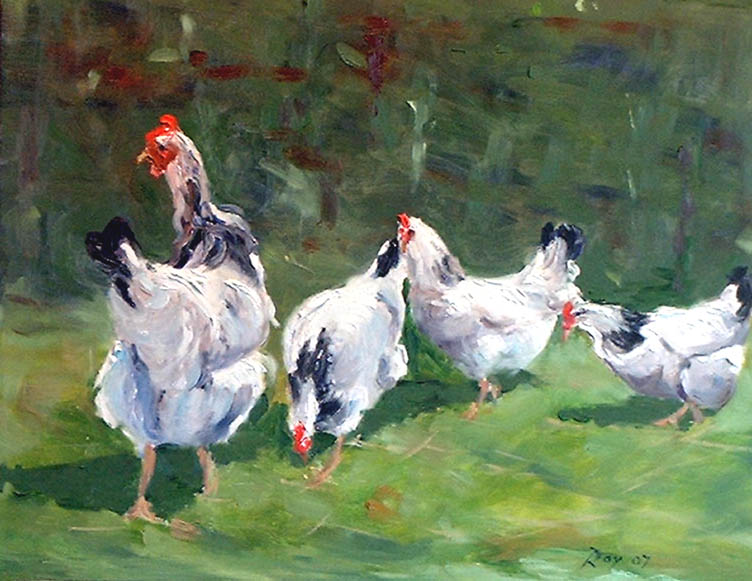painting of chickents, wick court farm, Gloucestershire, artist roy munday., art classes, merseyside,