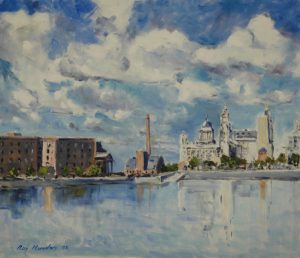 oil painting of the liver buildings, liverpool by artist roy munday, teacher of art classes, merseyside
