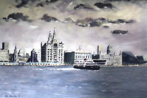 painting by roy munday, liverpool waterfront including one of the mersey ferries
