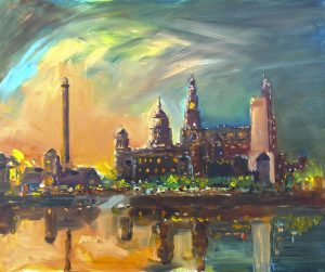 art classes for beginners, merseyside, painting of the three graces at sunset, liverpool