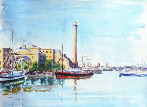 watercolour by artist roy munday of the salthouse dock, liverpool, merseyside