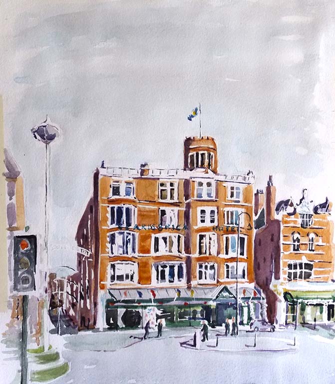 artist roy munday, watercolour of the scarisbrick hotel, lord street, southport, merseyside