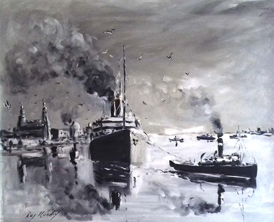 art class on merseyside, artist roy munday, painting of ship leaving the river mersey in the 1950's