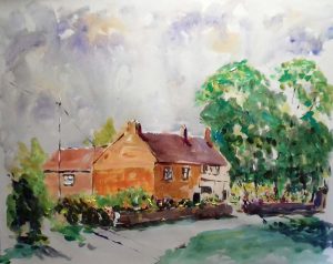 roy munday, artist, acrylic painting, watercolour, cottasges at frampton-on-severn, gloucestershire