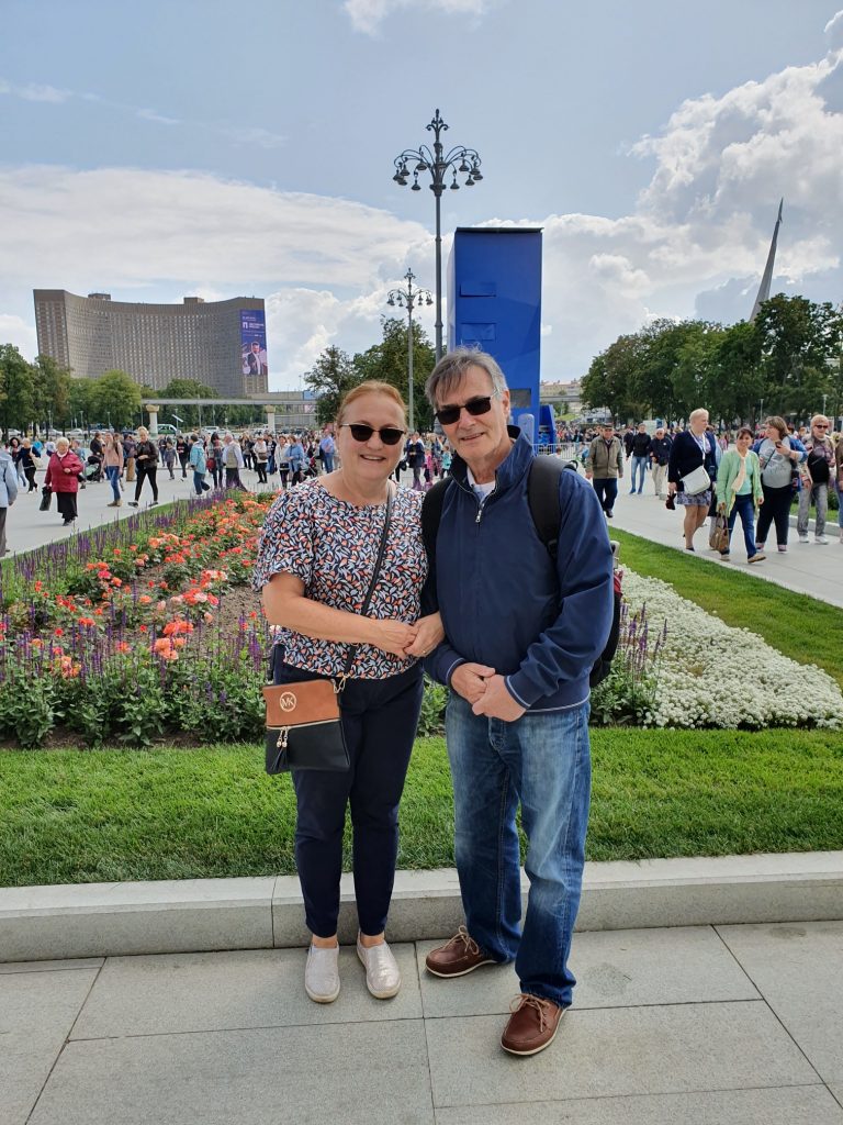 roy and yelena munday, near cosmos hotel, moscow, russia 2019.artist and art teacher, art classes, merseyside.