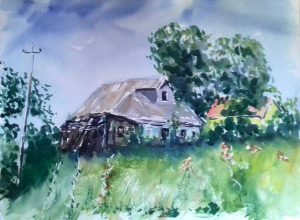 watercolour painting, russian village, old house. Artist roy munday, teacher of watercolours, liverpool, merseyside, crosby, formby, ormskirk, lancashire
