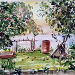 watercolour, view of a fruit tree garden, russia. by artist roy munday, watercolour teacher, liverpool, southport, ormskirk, merseyside, lancashire