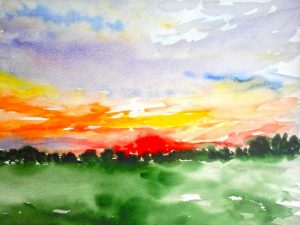 watercolour of a sunset in russia, by artist roy munday, teacher of art classes in liverpool, uk, southport, ormskirk, preston, lancashire, kirkby