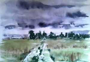 quick watercolour sketch, done in russia, countryside. by artist roy munday, teacher of beginners watercolour classes, liverpool, merseyside, southport