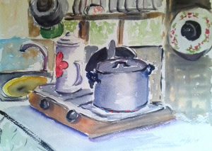 watercolour sketch of kitchen, russian dacha, artist roy munday, art classes for begkinners on merseyside