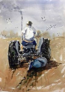 artclass, merseyside, liverpool. watercolour of man on tractor, ploughing field