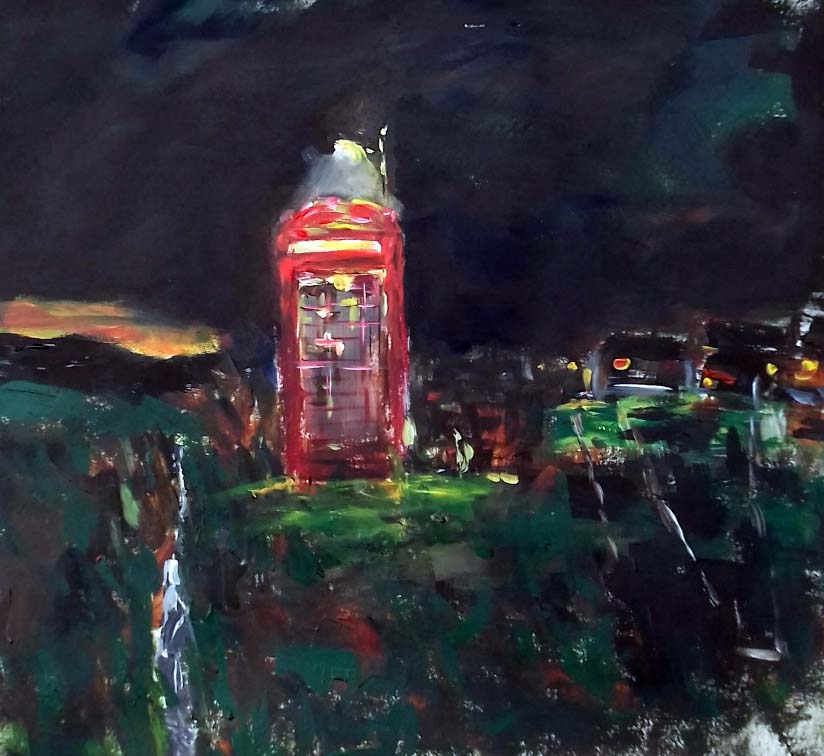 painting of an old red telephone box, uk, in isolated area. Painted by artist roy munday, runs art courses for beginners on merseyside, liverpool and Southport