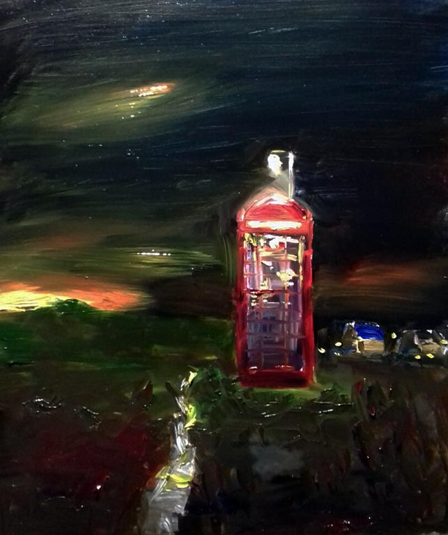 oil painting of old red telephone box. by artist roy munday. Teaches art on Merseyside.
