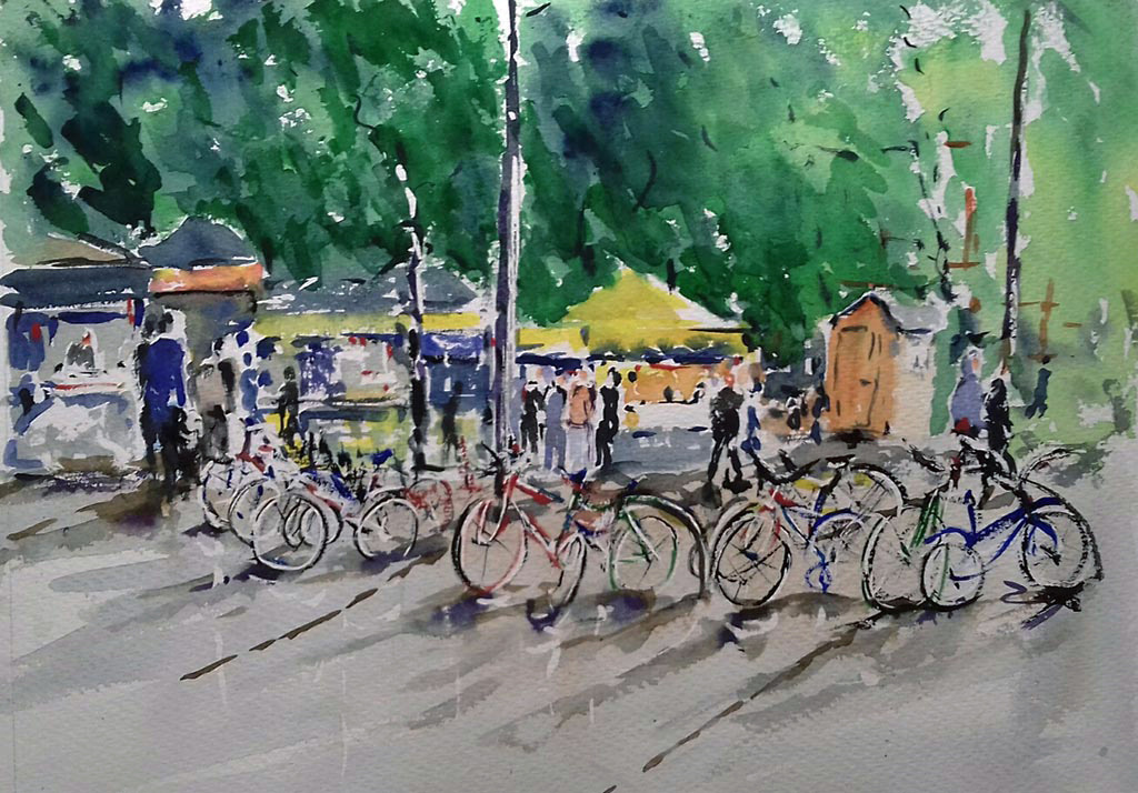 watercolour painting, paintings for sale, original art, near me,,Bicycles, Piccadilly gardens, Manchester. Watercolour. 