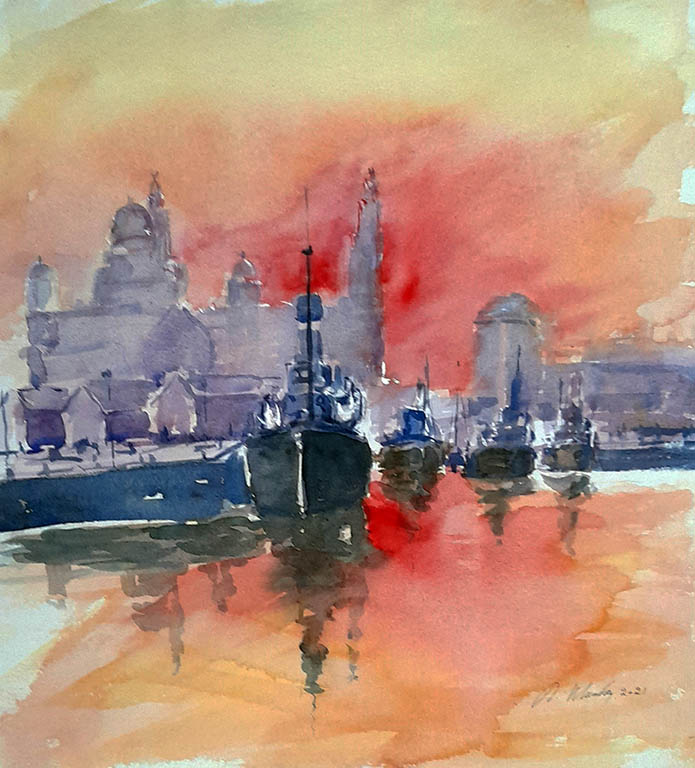 Liverpool waterfront, painting, river Merseyside, Liver buildings, buy painting, of Liverpool, original art to buy