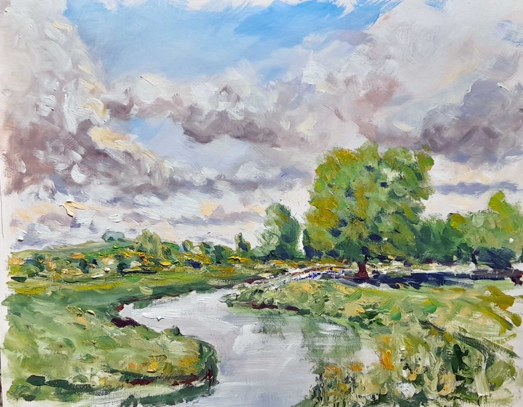 river frome, oil painting, fromebridge mill, Gloucestershire, paintings for sale, Gloucestershire, Frampton on Severn, buy paintings of, art classes, Merseyside,