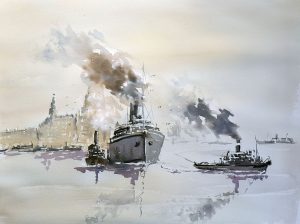 Liverpool ships, leaving Liverpool, river Mersey, buy paintings of, Liverpool, watercolour, painting for sale, art to buy, of Liverpool