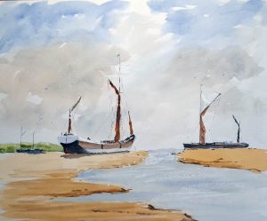 Thames Barges, watercolour painting, buy paintings, of Gloucestershire, river Severn, art classes, near me, zoom art classes
