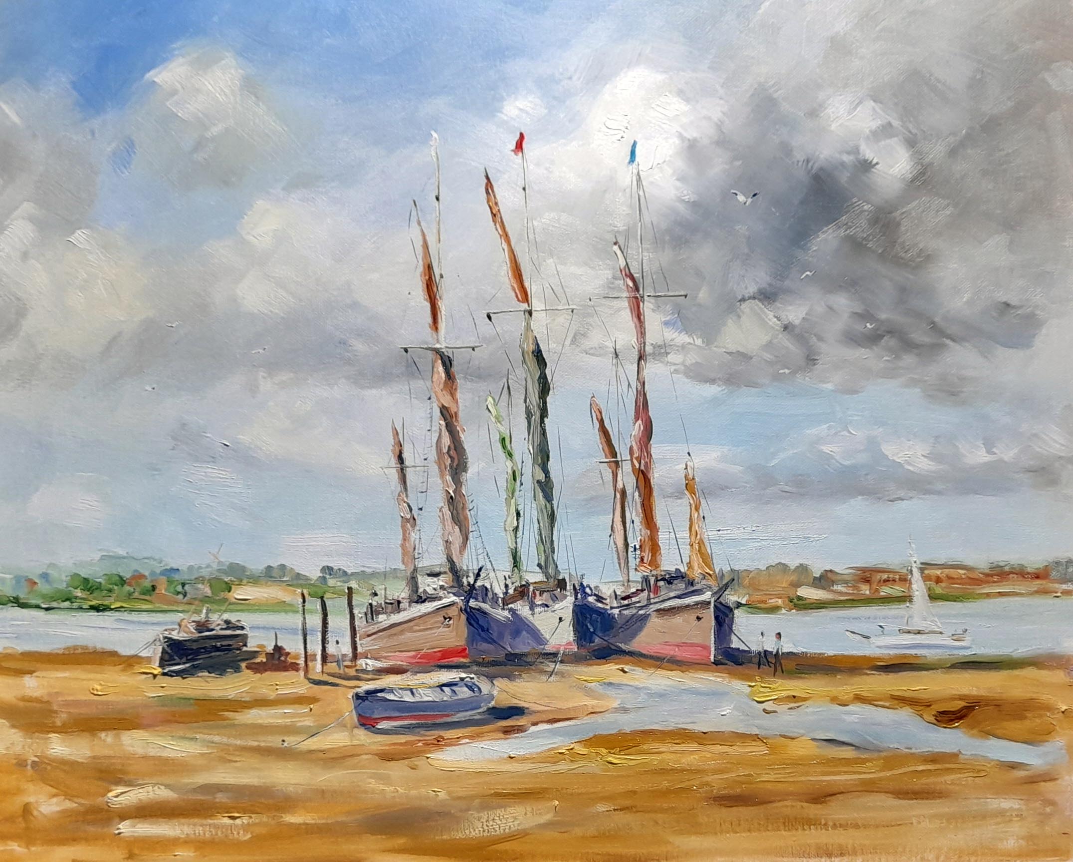 oil painting, Edward Seago, Pin Mill, Thames barges, paintings for sale, gift ideas, art classes, near me,,