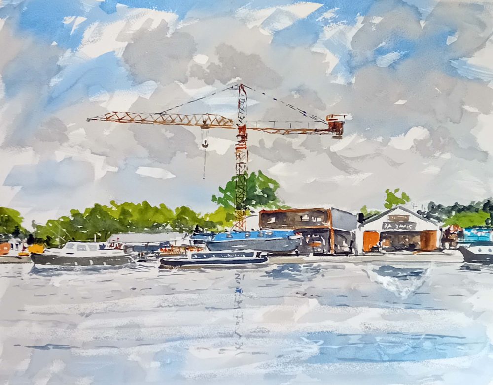 the boat yard, Saul junction, Sharpness to Gloucester, canal, Gloucestershire, Frampton on Severn, painting from the artist, original art, buy watercolour painting,