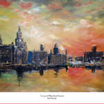 sunrise over Liverpool waterfront, from original oil painting, by artist Roy Munday, from the river Mersey