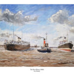 From my original oil painting, depicting a nostalgic scene: ships entering and leaving the river Mersey, with a tugboat, 1960's Price, print only £54 includes delivery with the UK. Overseas, please contact me for price.