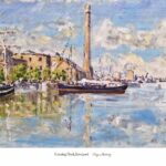 print of an oil painting, by artist Roy Munday, of Liverpool's Canning Dock, showing sailing boat, next to the pumphouse,